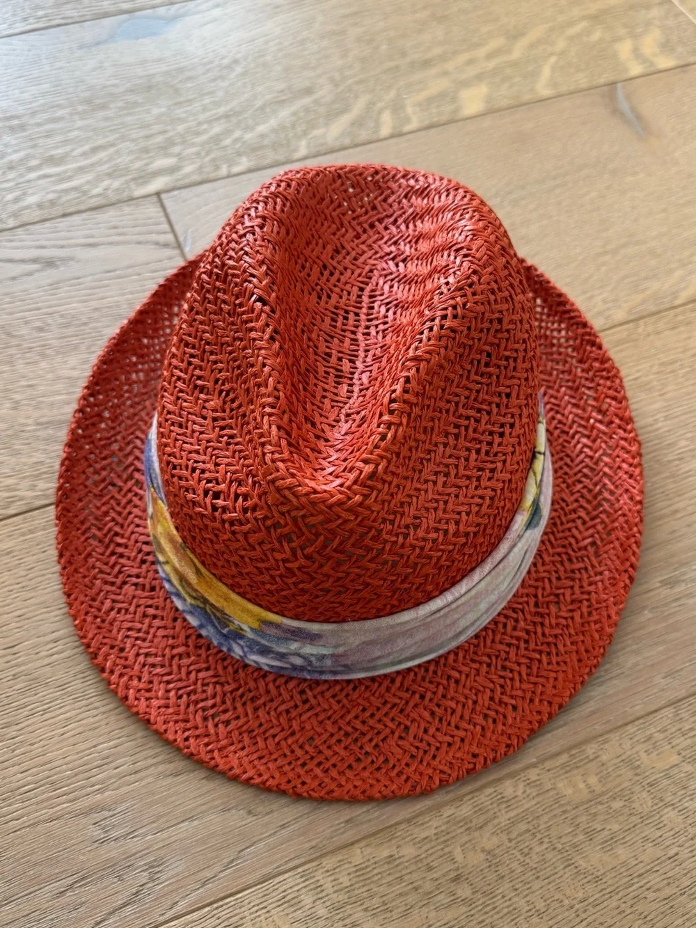 Hinge Orange 100% Straw Fedora with Floral Scarf Band